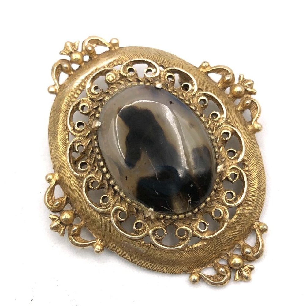 Vintage FLORENZA Brooch Goldtone Filigree Glass Agate Brooch